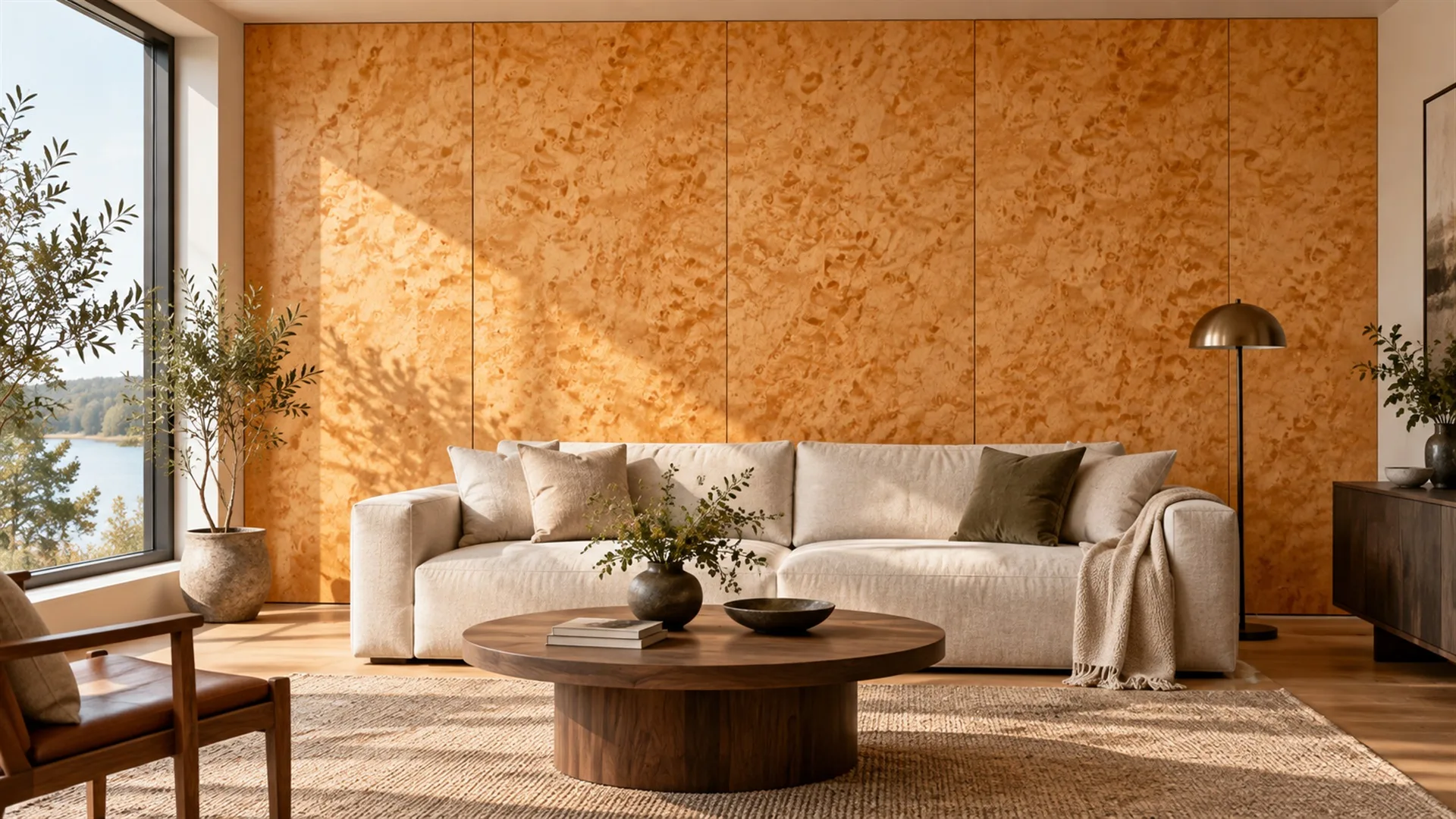 MOCKUP Living room / Salon · Bird’s-eye maple / Érable piqué · [PLACEHOLDER] Dimensions · [PLACEHOLDER] Finish / Fini