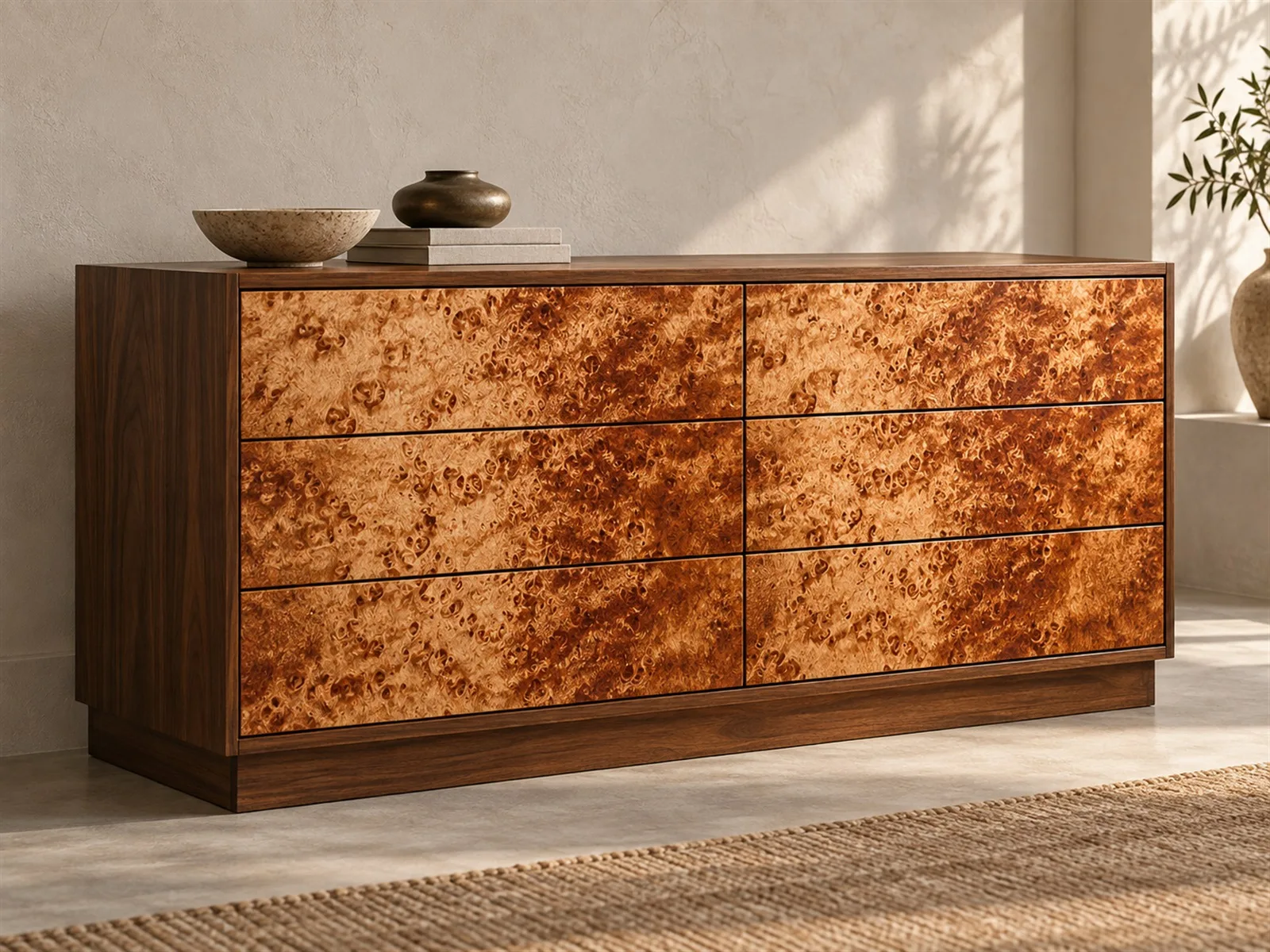 MOCKUP Dresser / Commode · Amber burl wood / Loupe ambrée · [PLACEHOLDER] Dimensions · [PLACEHOLDER] Finish / Fini