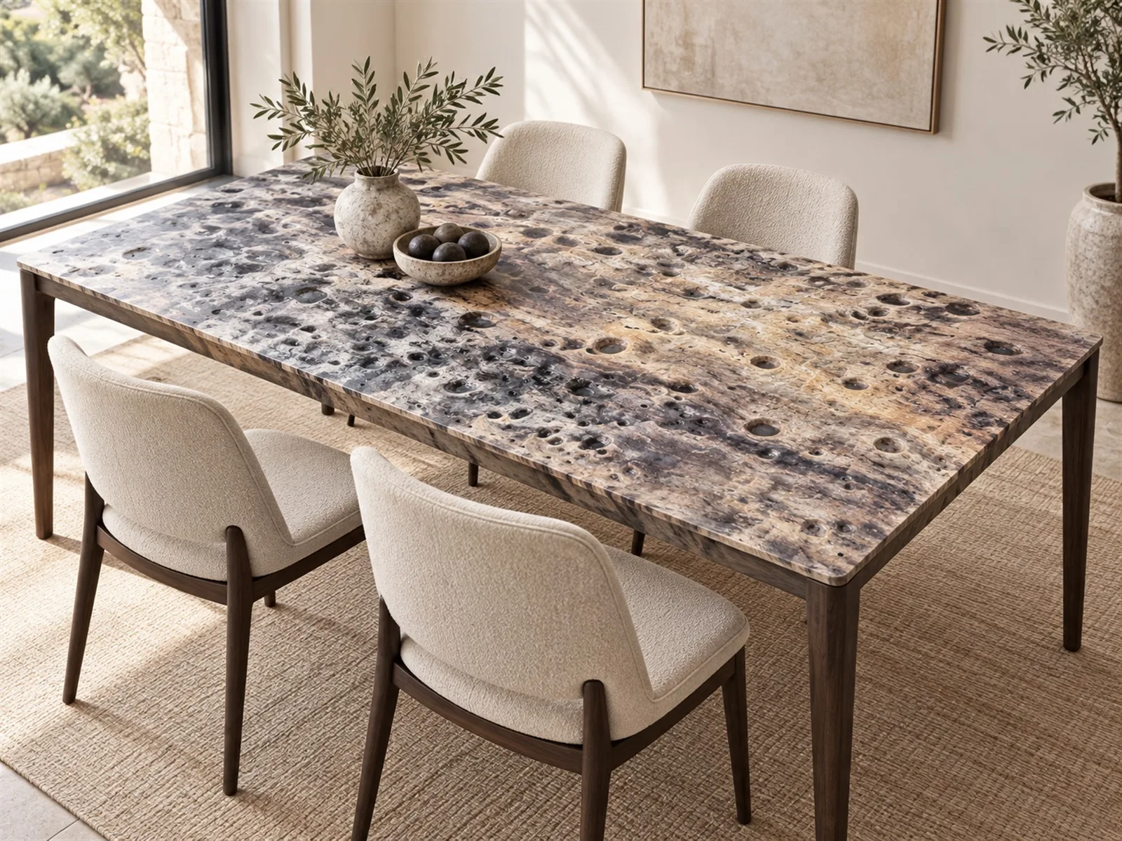 MOCKUP Table · Grey figured wood / Bois figuré gris · [PLACEHOLDER] Dimensions · [PLACEHOLDER] Finish / Fini