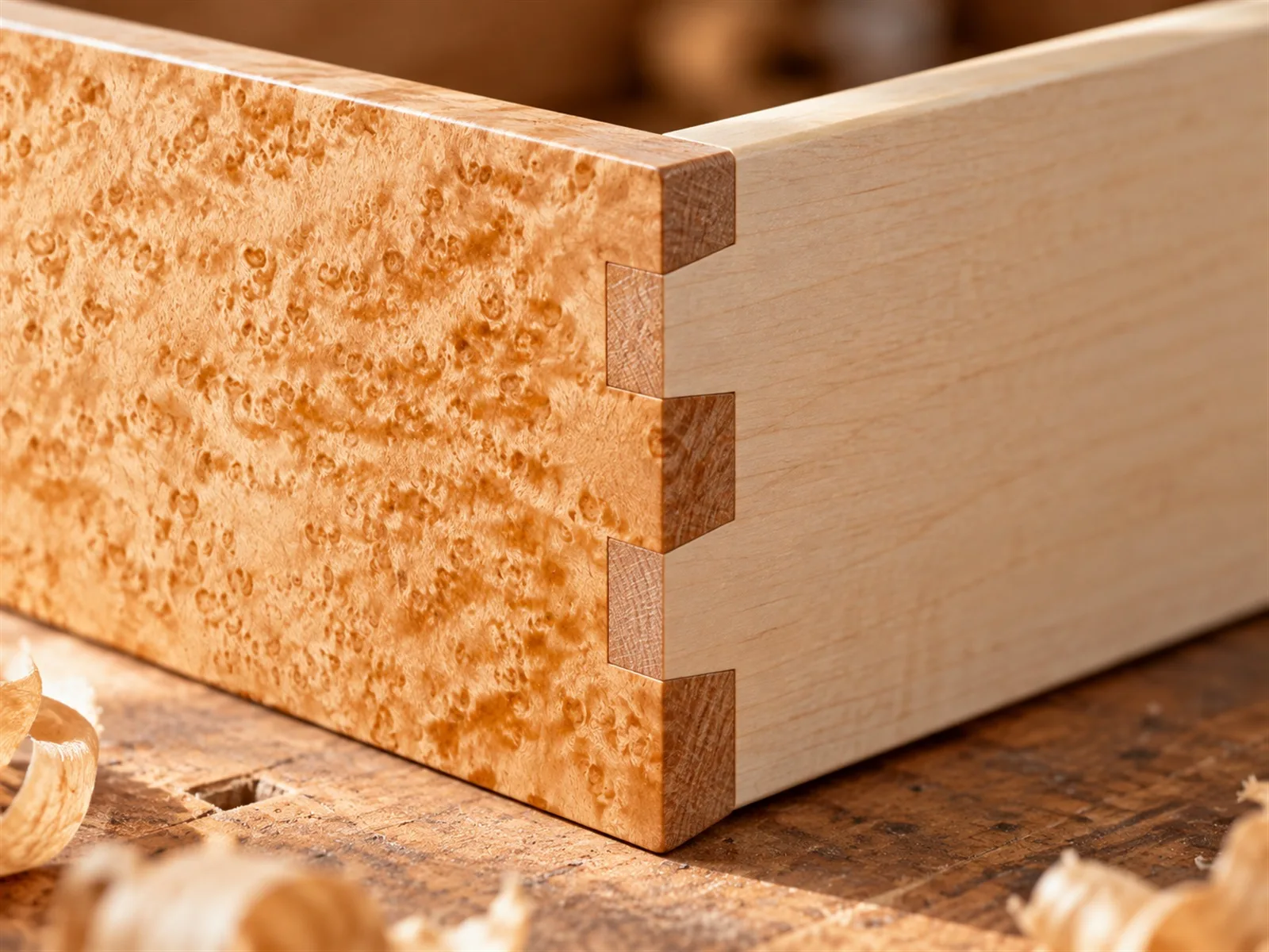 MOCKUP Joinery / Assemblage · Bird’s-eye maple / Érable piqué · [PLACEHOLDER] Dimensions · [PLACEHOLDER] Finish / Fini